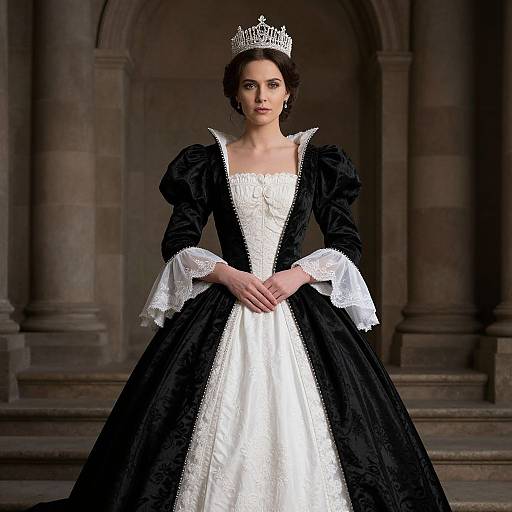 Photograph of a young woman in a black and white Renaissance-style gown with lace sleeves, wearing a silver crown, standing in a stone archway.