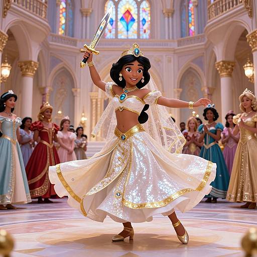 Digital illustration of a dark-skinned princess in a white, gold-trimmed, sparkling dress dancing with a sword in a grand, brightly lit cathedral