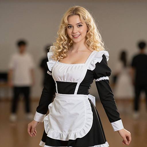 Photograph of a blonde woman with curly hair, smiling, wearing a black and white French maid outfit, standing in a blurred indoor background.