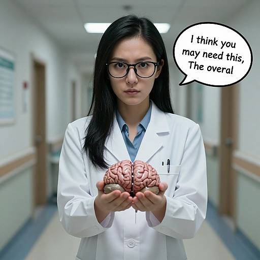 Photograph of an Asian woman with black hair, glasses, and white lab coat holding a realistic brain model, saying, 