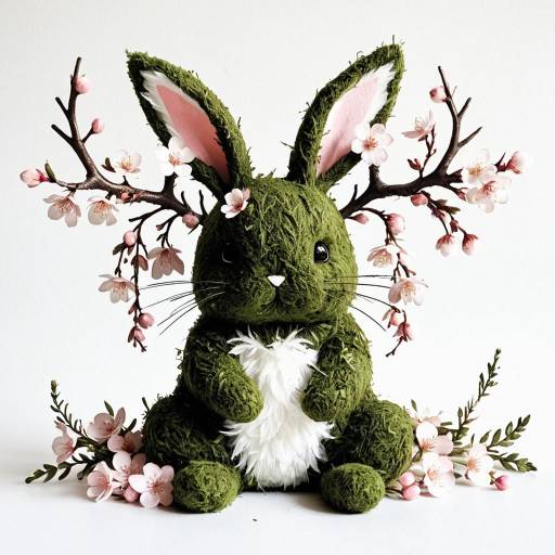 Kawaii Moss Rabbit with Cherry Blossom Antlers