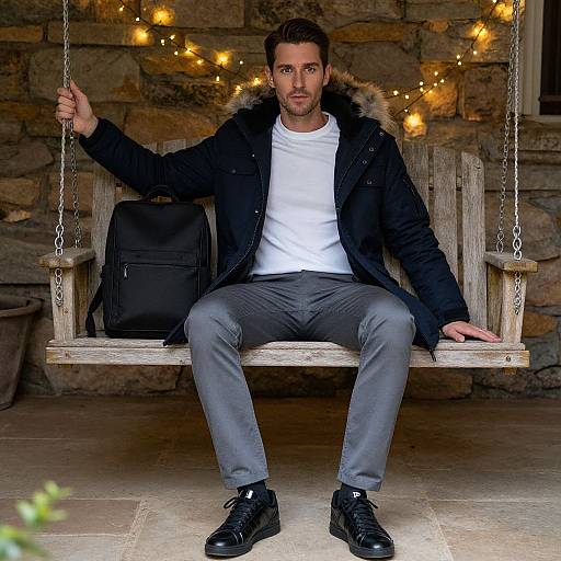 Man in Navy Parka on Cozy Porch