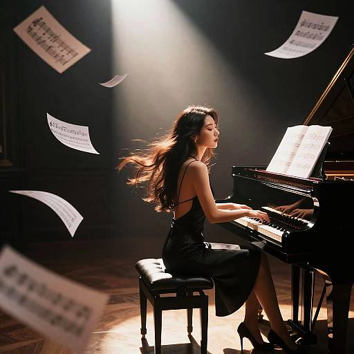 Photograph of a long-haired woman in a black dress playing a grand piano on a stage, with music sheets flying around her under a bright spotlight.