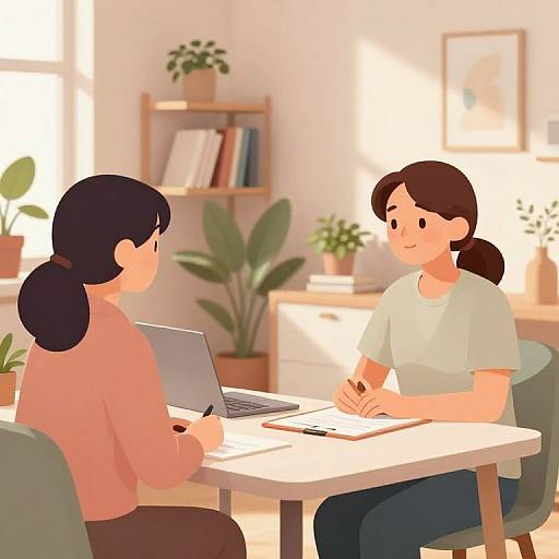 Digital illustration of two women with black hair, one in a pink sweater, the other in a white shirt, sitting at a desk in a bright,