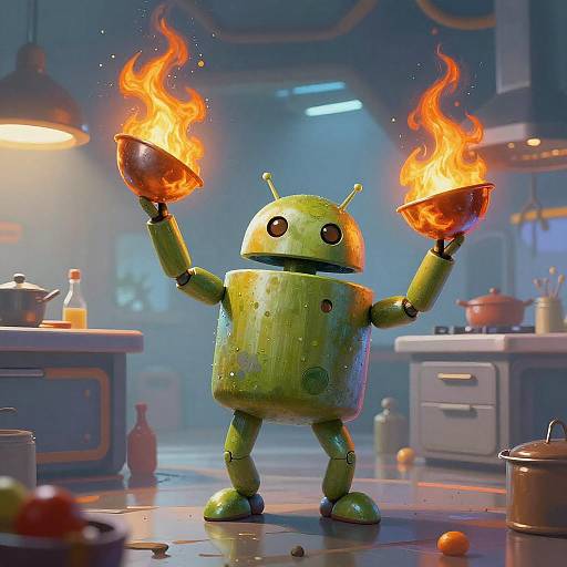 Mischievous Android Juggling in Futuristic Kitchen