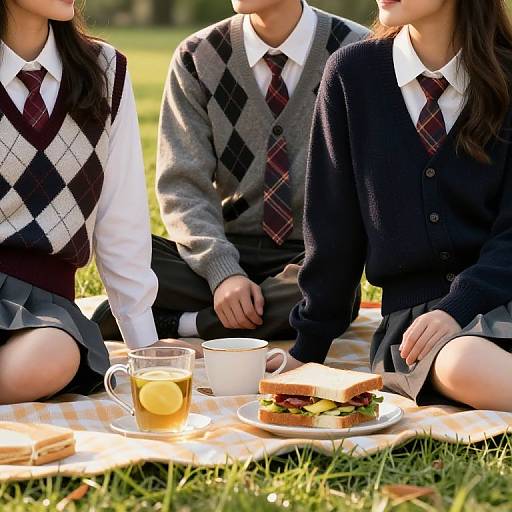 Photograph of three young adults in school uniforms, sitting on a picnic blanket, enjoying sandwiches and tea in a sunny grassy park.