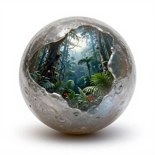 Photograph of a cracked, glass-like sphere reflecting a lush, dense jungle with tall trees and vibrant green foliage.