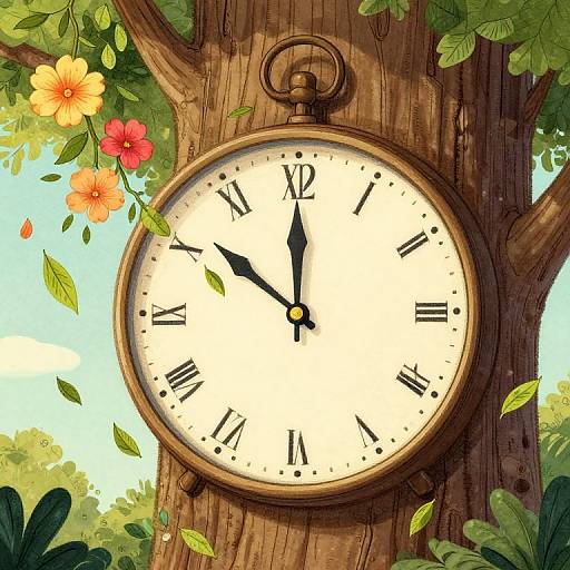 Digital illustration of an antique clock with black hands and Roman numerals, mounted on a wooden tree trunk, surrounded by colorful flowers and green leaves against a