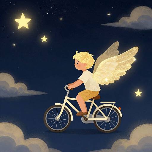 Digital illustration of a blonde, cherubic angel child with white wings, riding a white bicycle under a starry night sky.