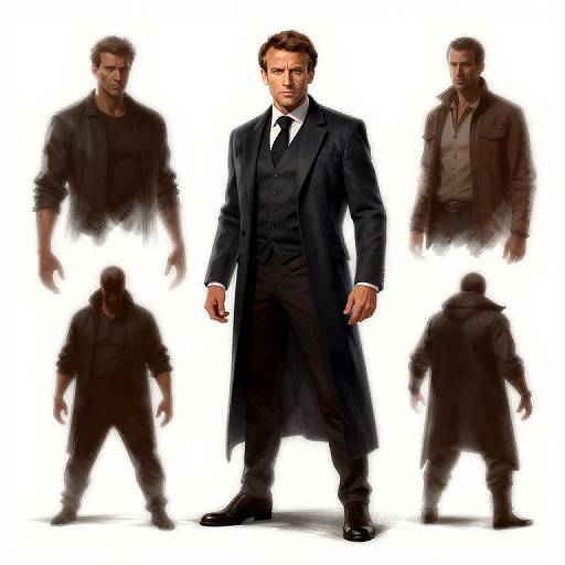 Digital artwork of a stern-looking man in a black three-piece suit, surrounded by shadowed, blurred versions of himself in various poses. White background.