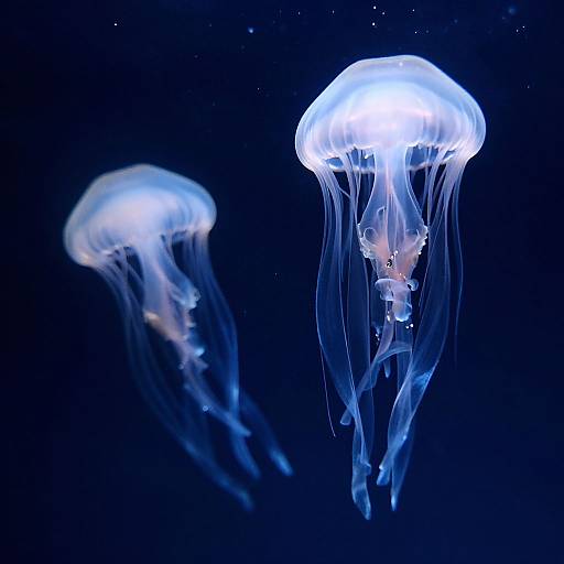 Photograph of two glowing blue jellyfish with translucent, umbrella-shaped tops and flowing tentacles, floating against a dark blue underwater background.