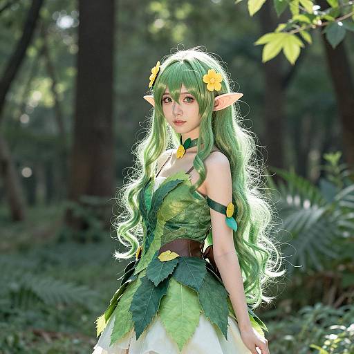 Elf Cosplay in Leaf-Inspired Green Dress