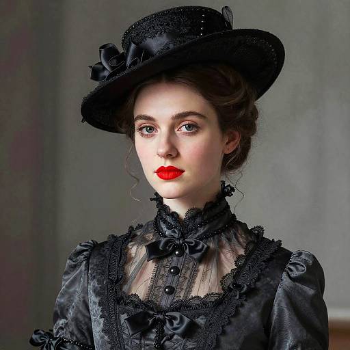 Photograph of a pale-skinned woman with red lipstick, wearing a black lace Victorian dress and matching hat, against a gray background.