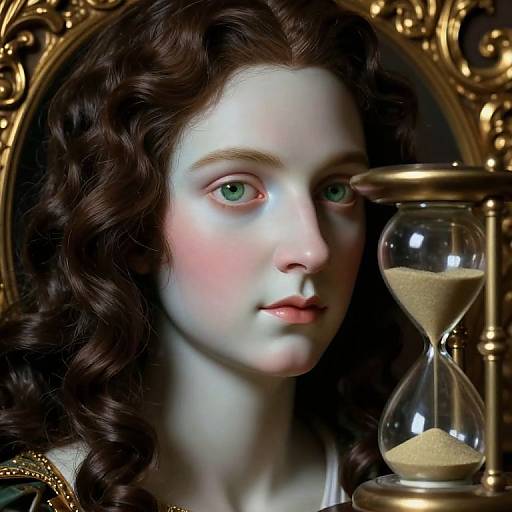 Photorealistic portrait of a fair-skinned, green-eyed woman with curly brown hair, gazing at a gold hourglass, framed in ornate