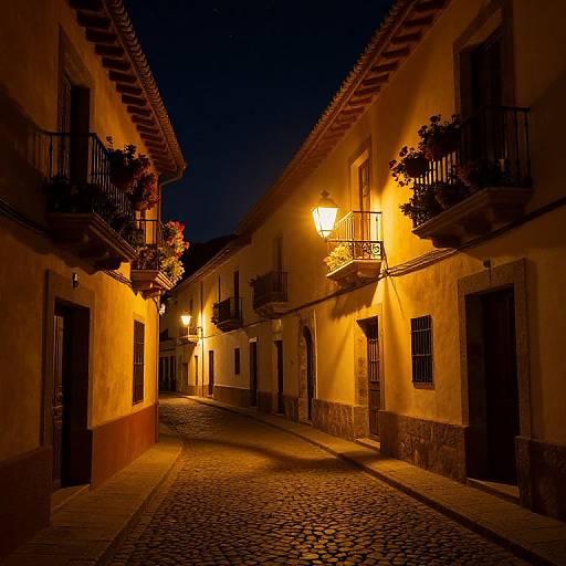 Photograph of a narrow, cobblestone alley at night, illuminated by warm, yellow street lamps, with yellow-walled buildings and black wrought-