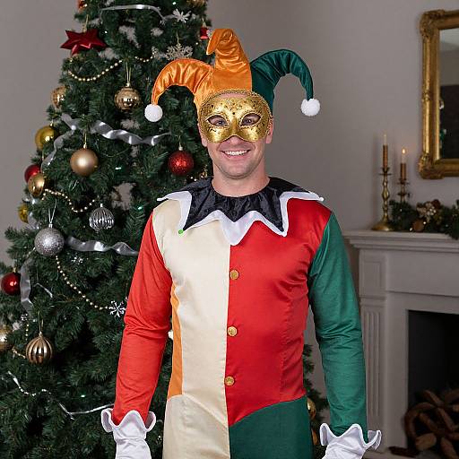 Photograph of a smiling man in a festive jester costume with a gold mask, standing in front of a decorated Christmas tree and fireplace.