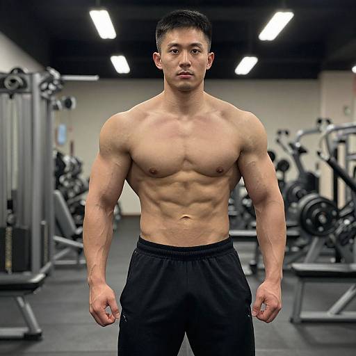 Photograph of a muscular, shirtless Asian man with short black hair, wearing black pants, standing in a well-lit gym with various weightlifting