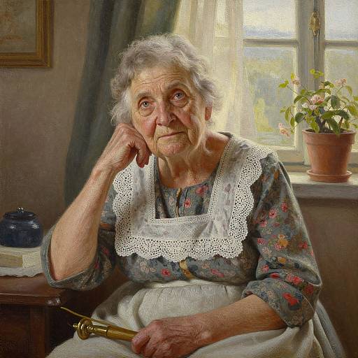 Photograph-style painting of an elderly woman with gray hair, floral dress, white apron, resting chin on hand, window and potted plant in
