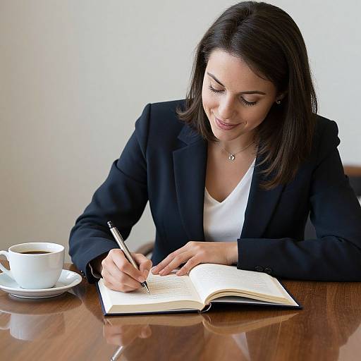 Photograph of a smiling brunette woman in a black blazer and white top, writing in an open book at a wooden table with a white coffee cup
