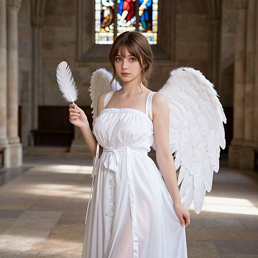 Photograph of a young woman with brown hair, wearing a white angel costume with large feathered wings, holding a feather, standing in a sunlit