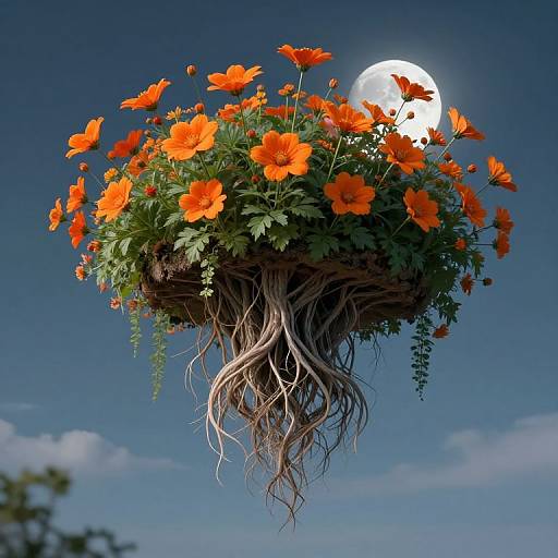 Photograph of a floating basket of vibrant orange flowers with green foliage, suspended by intricate roots, set against a clear blue sky with a bright full moon