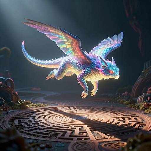 Digital artwork: Vibrant, glowing blue and purple dragon with iridescent wings and scales, mid-flight over a detailed, illuminated labyrinth. Dark,