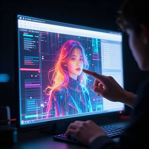 Photograph of a person with neon-lit, wavy red and orange hair on a digital graphic design interface, being edited by a hand with a