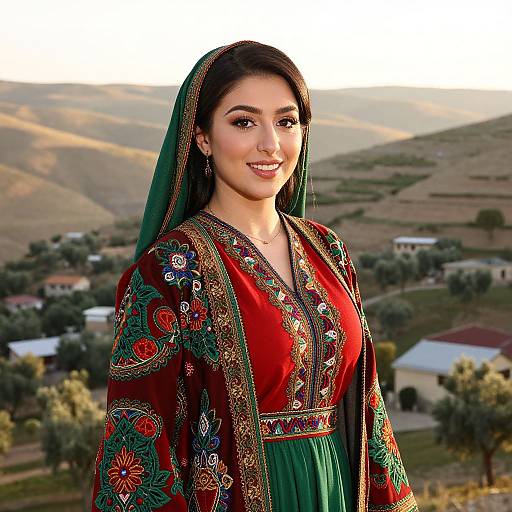 Photograph of a smiling Middle Eastern woman with olive skin, dark hair, and brown eyes, wearing an ornate red and green traditional dress, set