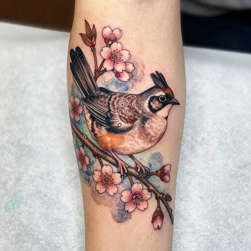 Vibrant tattoo of a detailed, colorful bird with brown and orange feathers perched on a branch with pink cherry blossoms.
