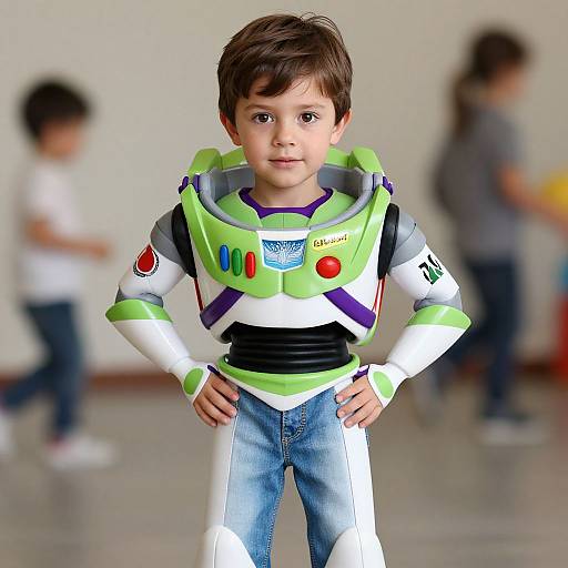 Photorealistic CGI of a young boy with short brown hair, wearing a green and white Buzz Lightyear costume and blue jeans, standing confidently with hands