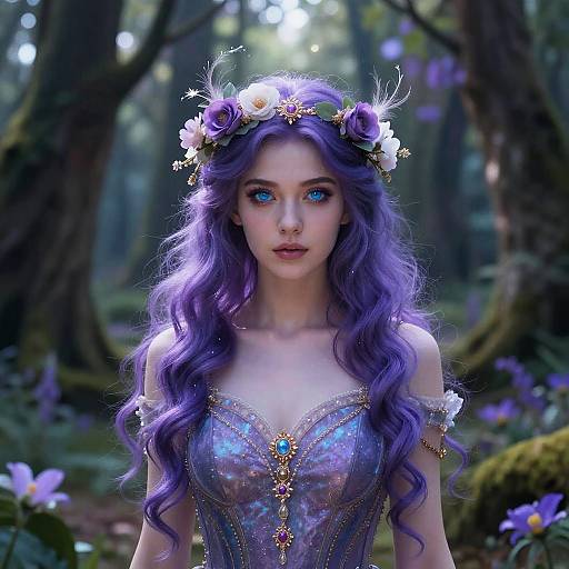 Digital artwork of a fair-skinned, blue-eyed, purple-haired fairy with a flower crown, wearing a shimmering, star-patterned dress, in