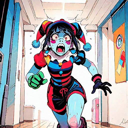 Scared Anime Girl Running in Hallway