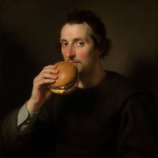 Photorealistic digital painting of a pale-skinned man with dark curly hair, wearing a black shirt, eating a sesame seed burger against a dark background