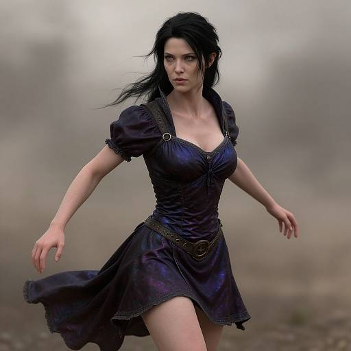 CGI image of a fierce, dark-haired woman in a fitted, dark purple dress with gold trim, running through a misty, foggy landscape
