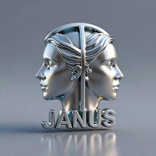 Photorealistic CGI of a shiny, chrome-like sculpture featuring two mirrored female profiles with braided hair, divided by a vertical line, with 