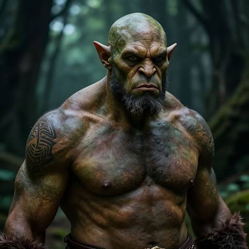 Photorealistic CGI of a muscular, bald, orc-like creature with pointed ears, dark greenish-brown skin, intricate tattoo, and fur lo