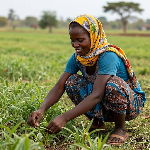 Photograph of a smiling African woman in vibrant yellow and blue patterned headscarf and dress, squatting in a lush green field, picking crops