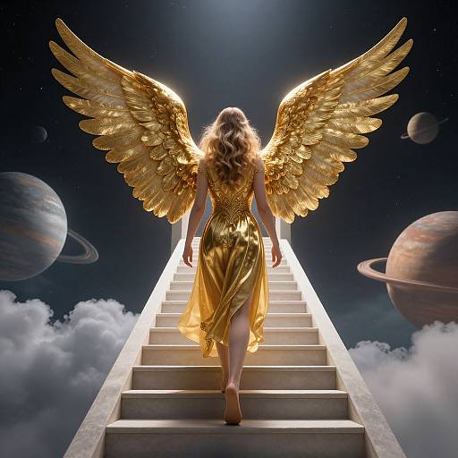Digital art of a woman with golden wings and dress ascending a glowing staircase into a starry, planetary sky.