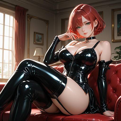 Red-haired Woman in Black Latex Outfit on Red Couch