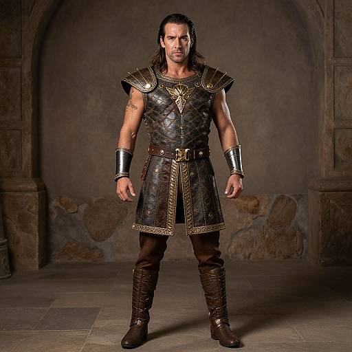 Photograph of a muscular man with long dark hair, wearing medieval-style black armor with gold trim, brown leather belt, and boots, standing in a