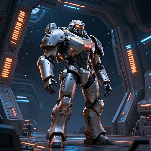 CGI image of a powerful, silver robotic warrior standing in a futuristic, dimly lit spaceship corridor with blue and orange lights.