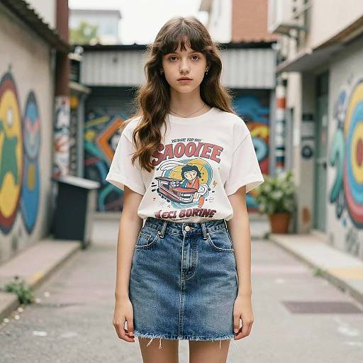 Photograph of a young woman with long brown hair, wearing a white 