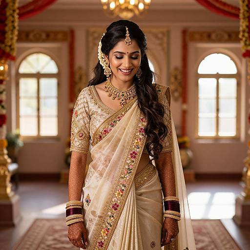 Photograph of a smiling Indian bride in a gold-embroidered cream saree, traditional jewelry, and long black hair, standing in a sun