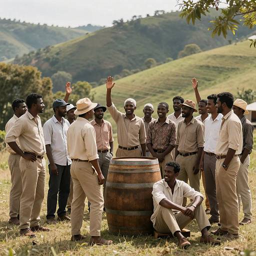 Joyful Gathering Around a Wooden Barrel