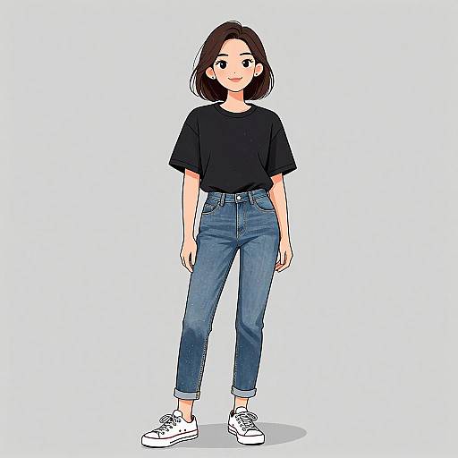 Anime-style digital drawing of a young woman with short brown hair, wearing a black t-shirt, blue jeans, and white sneakers.