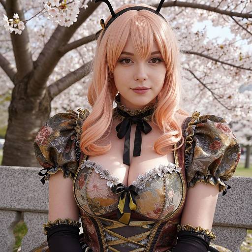 Photograph of a young woman with pink hair, wearing a detailed, cleavage-revealing, black and gold gothic dress, black gloves,