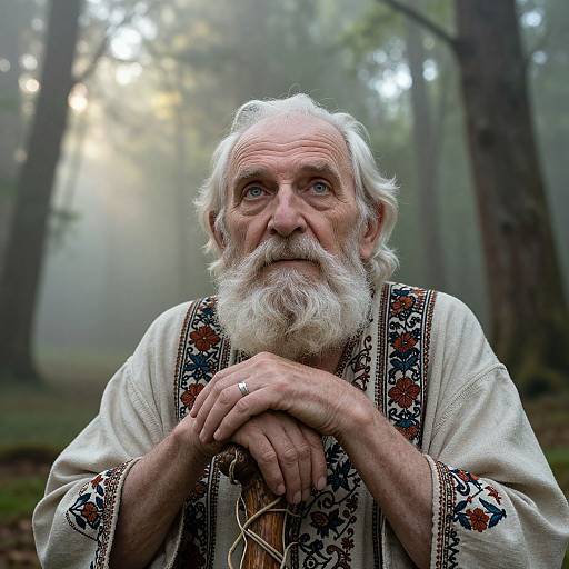 Ultrarealistic Elderly Man in Misty Forest