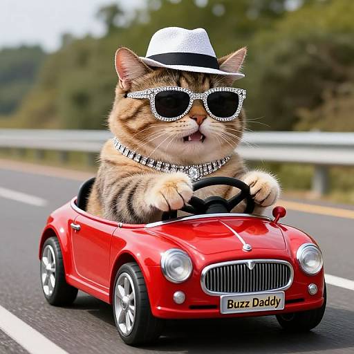 Photograph of a tabby cat with white hat, sparkling sunglasses, and checkered collar driving a red toy Buzz Daddy car on a highway.