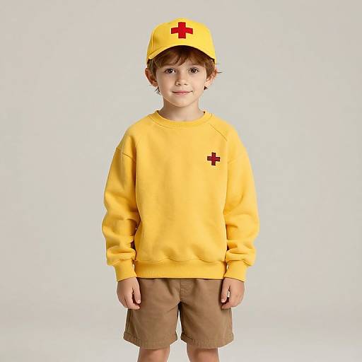 Boy in Yellow Outfit with Red Cross Hat