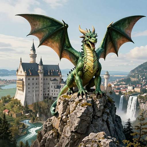 Digital artwork of a green dragon with orange wings standing on a rocky cliff, overlooking a fairytale castle and waterfall. Bright, sunny sky with scattered